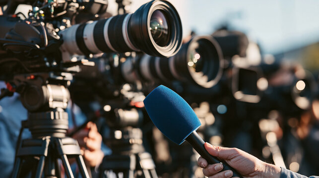 A hand holding a blue microphone in front of a row of professional video cameras at a press conference.