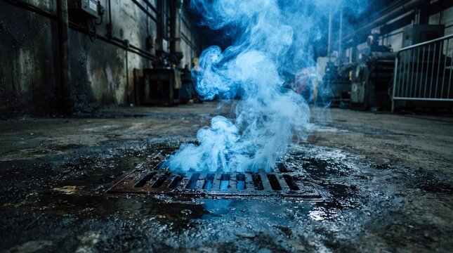 Mysterious Blue Smoke Flowing from Ground Grating in Grungy Warehouse