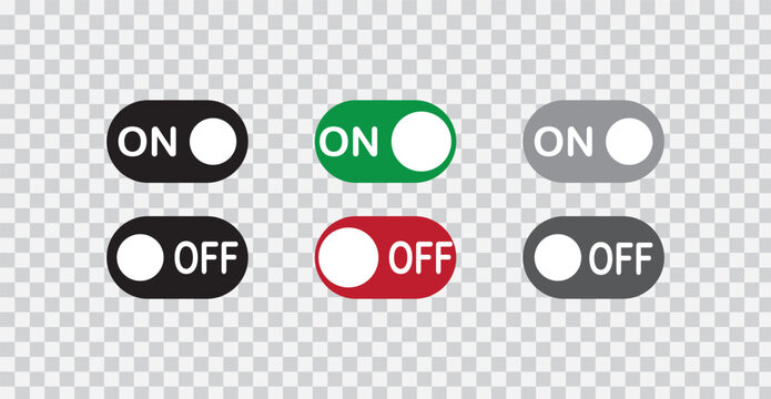 On and Off toggle switch buttons icon set. Switch buttons ON OFF isolated on transparent background. Power on and off slider switch icon. Modern web and mobile app switch button interface elements.