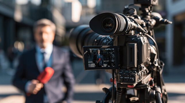 A professional video camera recording a news reporter speaking into a microphone outdoors on a city street.