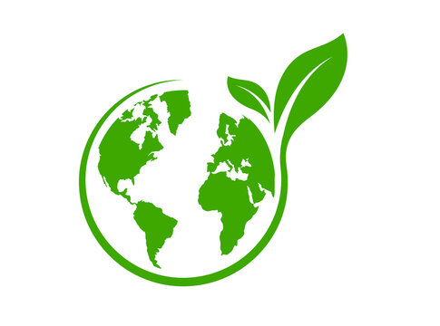 Green planet Earth globe with leaf logo vector for eco technology and global environment brand