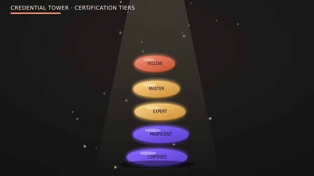 Dramatic spotlight motion graphic of metallic certification medals stacking into a spiraling tower symbolizing achievement and professional credentials