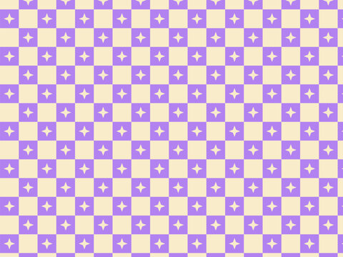 Soft lavender purple and cream checkerboard seamless pattern with cute starbursts. Aesthetic background for Y2K apparel, sweet gift wrapping, stationery, and web design