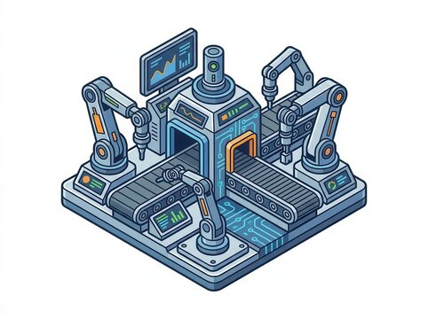 Illustration of a robotic production line showcasing concepts of smart factory automation