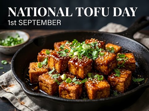 National Tofu Day Fried Tofu Skillet Food Photography Banner Graphic