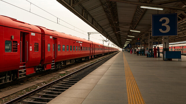 A long red passenger train parked at platform number three of a railway station terminal.