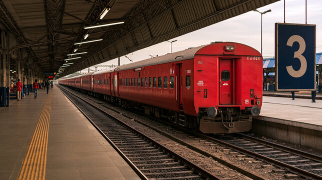 A long red passenger train parked at platform number three of a railway station terminal.