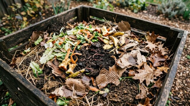 Rustic Wooden Composting Bin Filled With Organic Food Scraps And Dry Autumn Leaves Representing Sustainable Home Waste Management And Circular Economy.