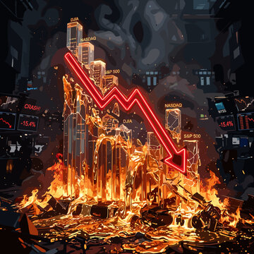 Red downward arrow over burning city representing market crash.