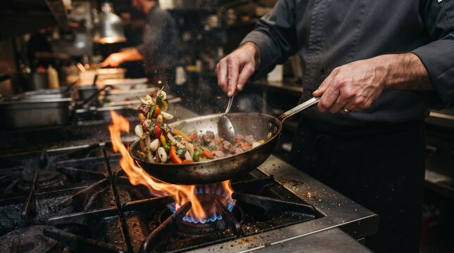 Close Up of Chef Hands Stir Frying Vegetables with Dramatic Flame Effect