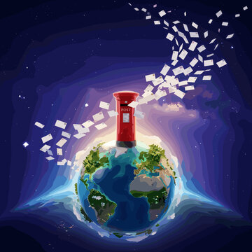 Red mailbox on Earth globe with flying letters.