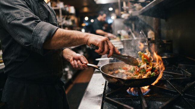 Close Up of Chef Hands Stir Frying Vegetables with Dramatic Flame Effect