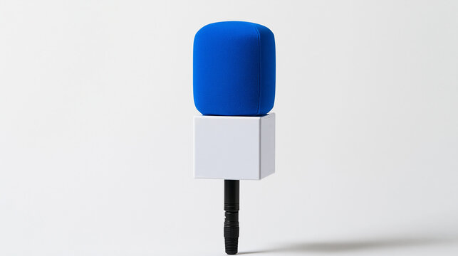 A reporter microphone with a blue windscreen and a blank white cube flag isolated on a grey background.