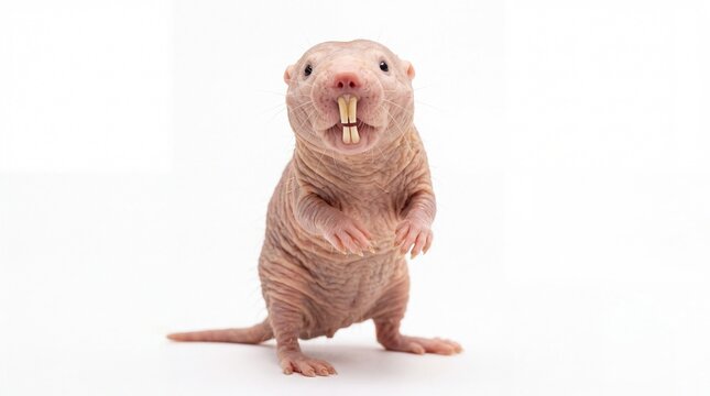 Naked mole rat standing upright with prominent teeth looking directly into the camera lens in a high key studio on white background