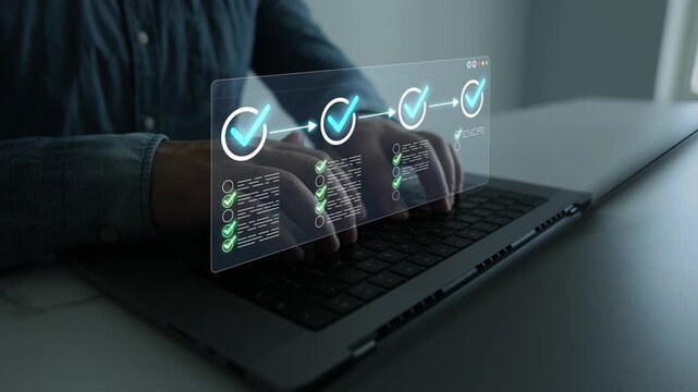 Corporate productivity, document review and business process automation concept.	Digital task management with checkmark, workflow optimization and project planning. 
