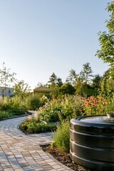Obraz premium Sunlit garden pathway with metal rainwater tank and native plants for outdoor background and sustainable landscape banner design