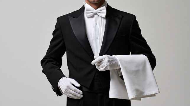 A professional butler in a tuxedo with white gloves and a cloth napkin standing against a grey background.