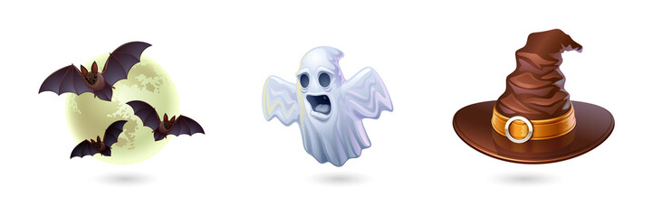 Fototapeta premium Halloween icons including bats flying in front a full moon a ghost and a Sorting Hat on a transparent background PNG