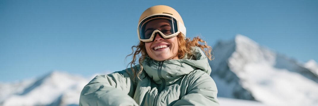 Smiling woman skier in mountains winter scene wearing helmet and goggles with green puffer jacket for winter banner background and travel poster design