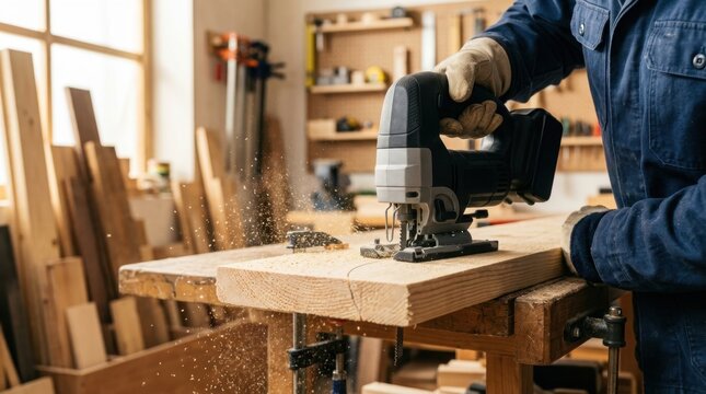 Woodworker Using An Electric Jigsaw To Cut Pine Lumber In A Professional Workshop, Representing Skilled Manual Craftsmanship And Professional Manufacturing Services.