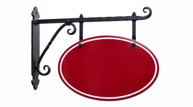 Decorative oval red metal street sign hanging from an elegant wrought iron bracket mount for custom shop logo on white background