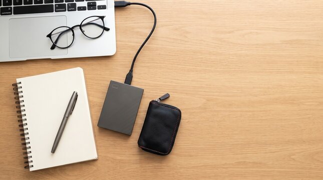 External hard drive connects to laptop alongside notebook glasses and wallet on wooden desk, symbolizing corporate data storage and productivity