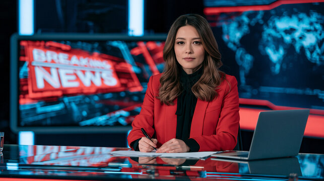 A female news anchor presenting breaking news at a desk in a television studio.