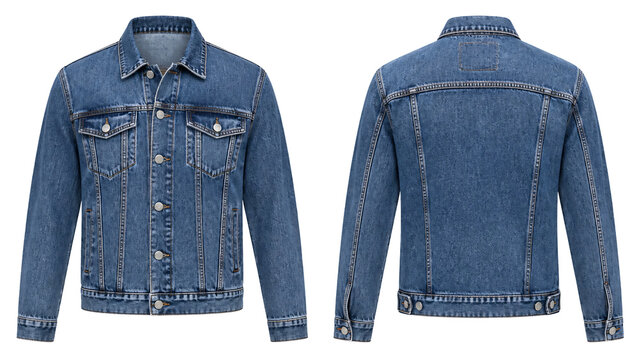 Blue denim jacket in front and back view, mockup isolated on transparent background