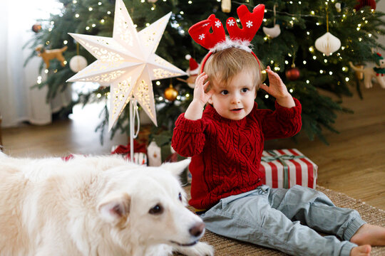 Cute Toddler Boy Wearing Festive Red Reindeer Antlers Headband and sitting against christmas tree with gifts and dog. Festive Celebration and Holiday Dress Up Fun
