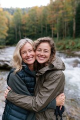 Fototapeta premium Mother and daughter autumn river hug portrait in nature for outdoor background poster and banner design