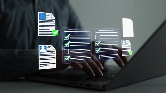 Employee survey and assessment concept with completed checklist, online test questions and HR management workflow.	
