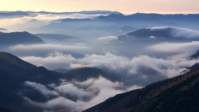 Morning Timelapse of Rolling Fog and Mist Flowing in Mountain Valley