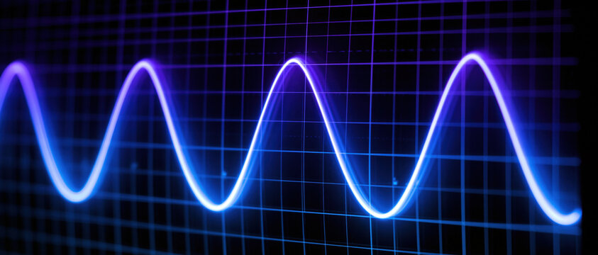 Glowing sine wave on blue grid background creates futuristic digital signal visualization for science, technology, electronics, communication, data analysis, and abstract energy concept imagery