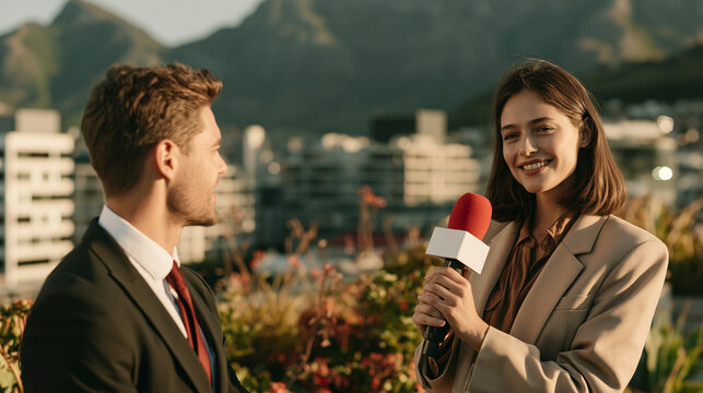 A female reporter interviewing a businessman outdoors with a city view.
