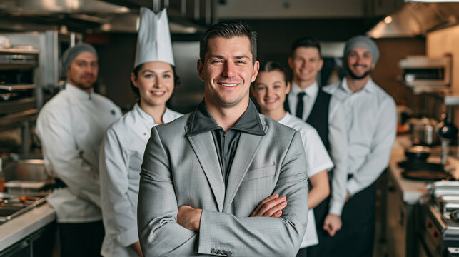A smiling restaurant manager with a diverse team of chefs and staff standing proudly in a commercial kitchen.