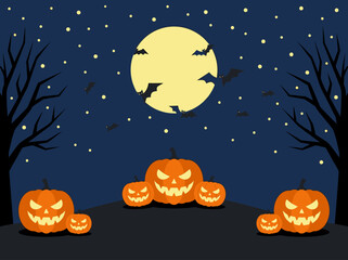 Fototapeta premium Spooky Halloween background with jack-o'-lanterns and full moon