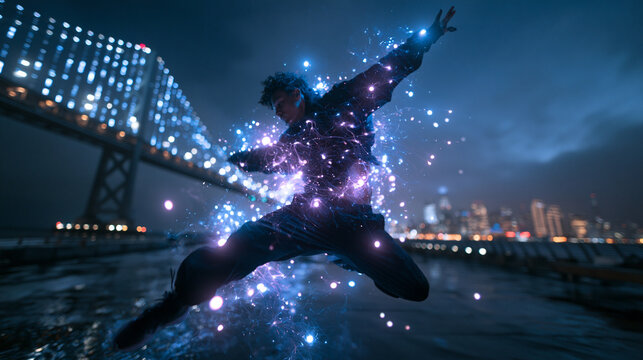 Male Street Dancer Leaping with Glowing Particles at Night