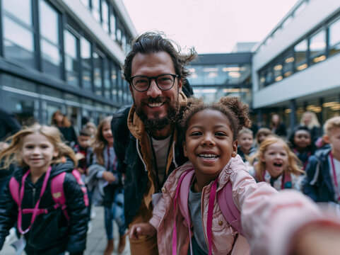 Smiling Teacher Taking Selfie with Elementary Students Outside School