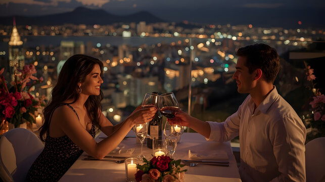 Romantic rooftop dinner with city skyline view