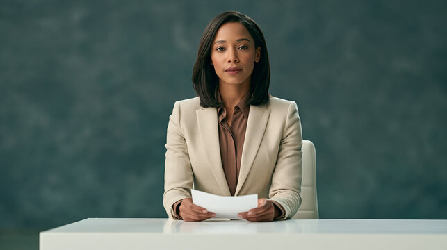 A professional female news anchor or host in a suit and blouse sitting at a desk and holding papers in a studio.
