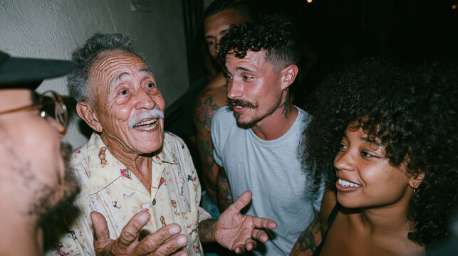 Senior Man Storytelling with Diverse Young Friends at Party