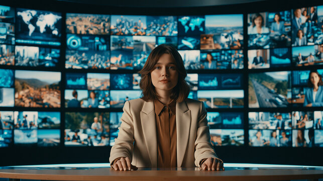 A professional female news anchor presenting at a desk in a television studio with a large video wall background.