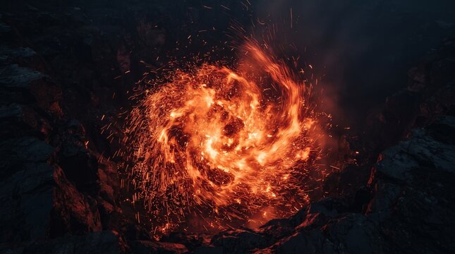 Fiery Vortex and Spiral Fire Swirl with Flying Sparks in Dark Rocky Ground