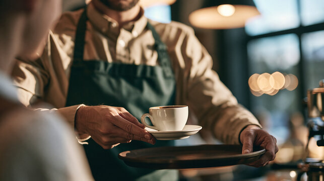 A barista or waiter serving a cup of coffee to a customer in a cafe.