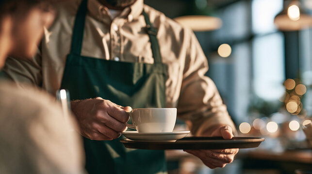 A barista or waiter serving a cup of coffee to a customer in a cafe.