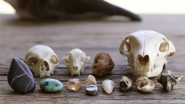 Display of animal skulls and stones on wooden surface in natural light