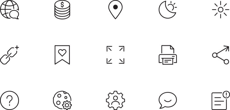 Internet global network and finance line art vector icons with location bookmark favorite fullscreen connection question settings document