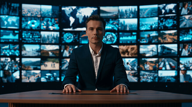 A male news anchor presenting at a desk in a television studio with a large video wall background.