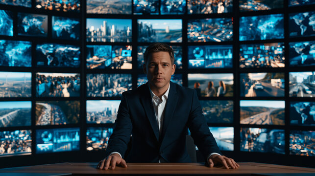 A male news anchor presenting at a desk in a television studio with a large video wall background.