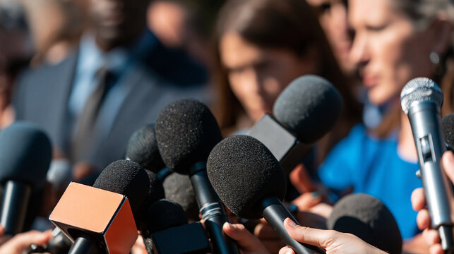 A close-up shot of multiple microphones held by journalists during a press conference.